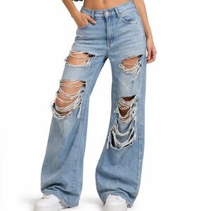 American Eagle Outfitters Light Blue Distressed Wide-Leg Jeans